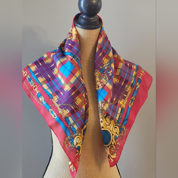 Vintage Polyester Equestrian 30" Square Scarf Made In Italy Red/Gold/Blue - Picture 1 of 10